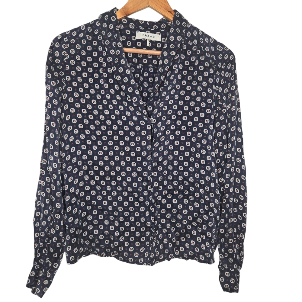 Frame Denim Navy and White Patterned Blouse